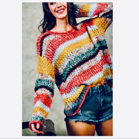 MULTI COLOR BLOCK STRIPED BOHO CHIC SWEATER - Picture 8 of 8